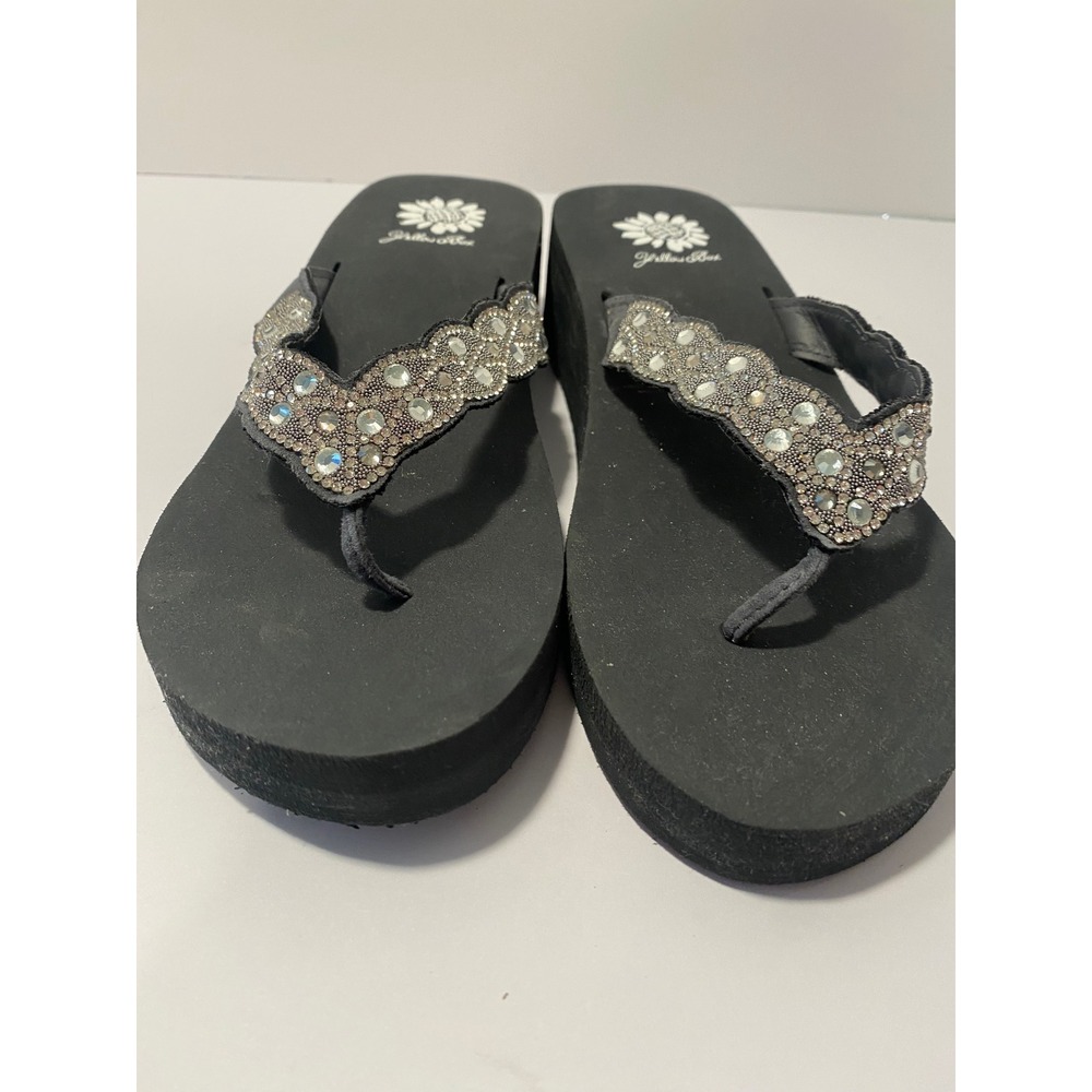 Yellow Box Frostie Black Rhinestone Embellished Platform Flip Flops 8 Festival
